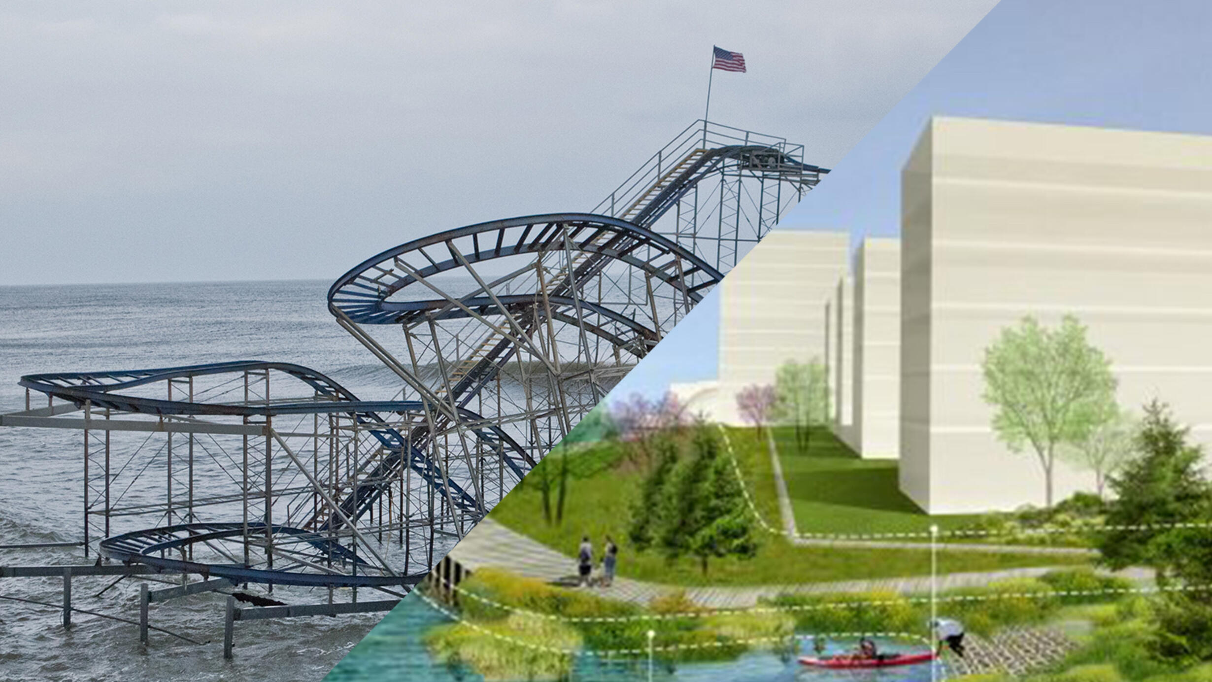 A split image with an unused roller coaster partially in water on the left and a rendering of buildings and green space beside water on the right.