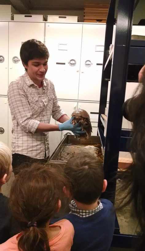 Phil Barden holds an animal specimen from the Museum's collections and shows it to three children. 