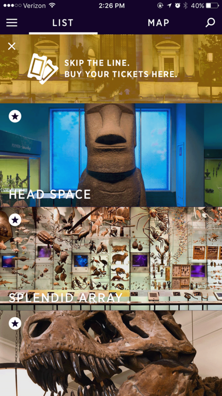 Explorer app page in list view with four rectangular images: notice to buy tickets, Easter Island head, Hall of Biodiversity, and T. rex skull.