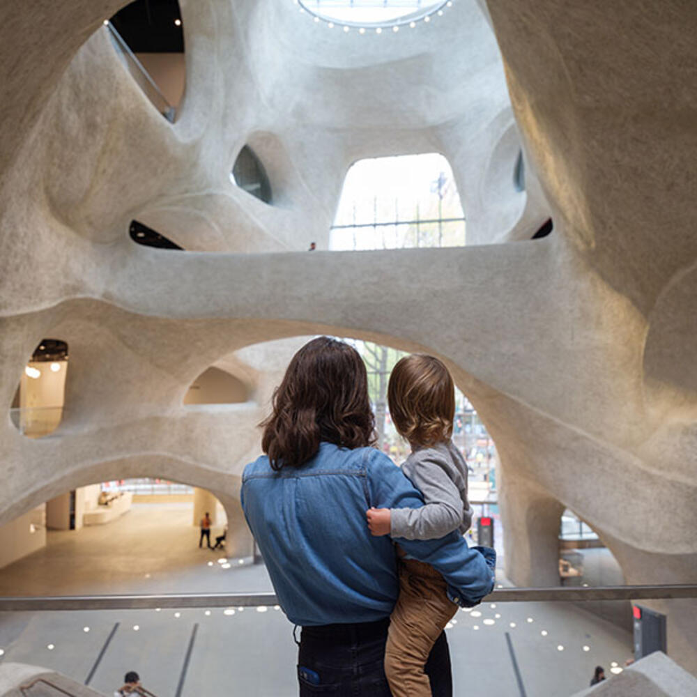 Adult stand holding a child inside the Richard Gilder Center, looking towards the skylight and glass entrance-way.