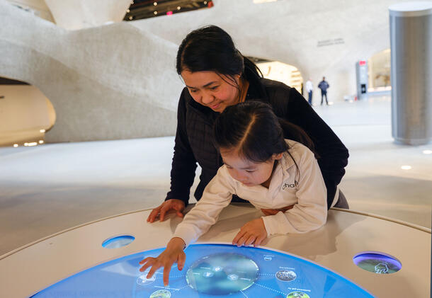 Adult and child lean over an interactive table inside the Insectarium section of the Richard Gilder Center.