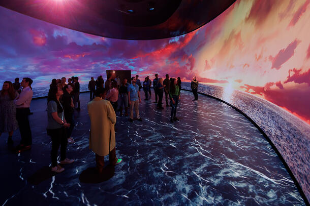 Visitors stand inside the Invisible Worlds immersive theater, surrounded by projections.