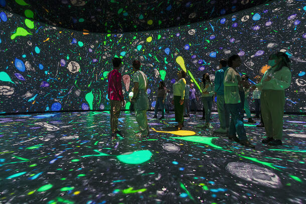 Museum visitors stand inside the Invisible Worlds Theater.