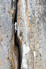 A pale ferret climbs in a thin space between two massive rocks.