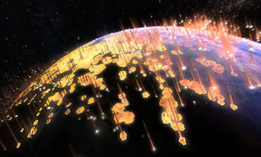 Rendering of dozens of meteorites simultaneously colliding with the Earth