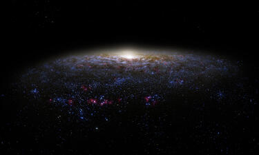 The entire Milky Way is shown up-close at a side angle forming a purple-blue oval comprised of clouds and stars