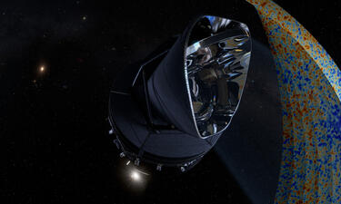 The Planck space telescope is shown in space next to a ribbon measuring heat waves