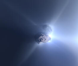 Visualización de un cometa flotando en el espacio iluminado por una luz azul pálida