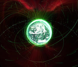 Visualización de la tecnosfera de la Tierra rodeada por un campo magnético protector. 