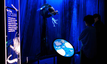 In a darkened blue room, two adults look at a glowing model of an anglerfish