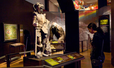 A woman looks at a stone statue of a knight in armor holding a sword with his foot placed on top of a dragon's head