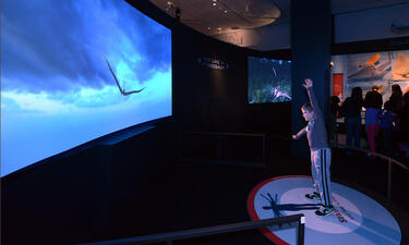 A boy standing in front of a large monitor showing a pterosaur in flight with its wings mirroring the boy's outstretched arms