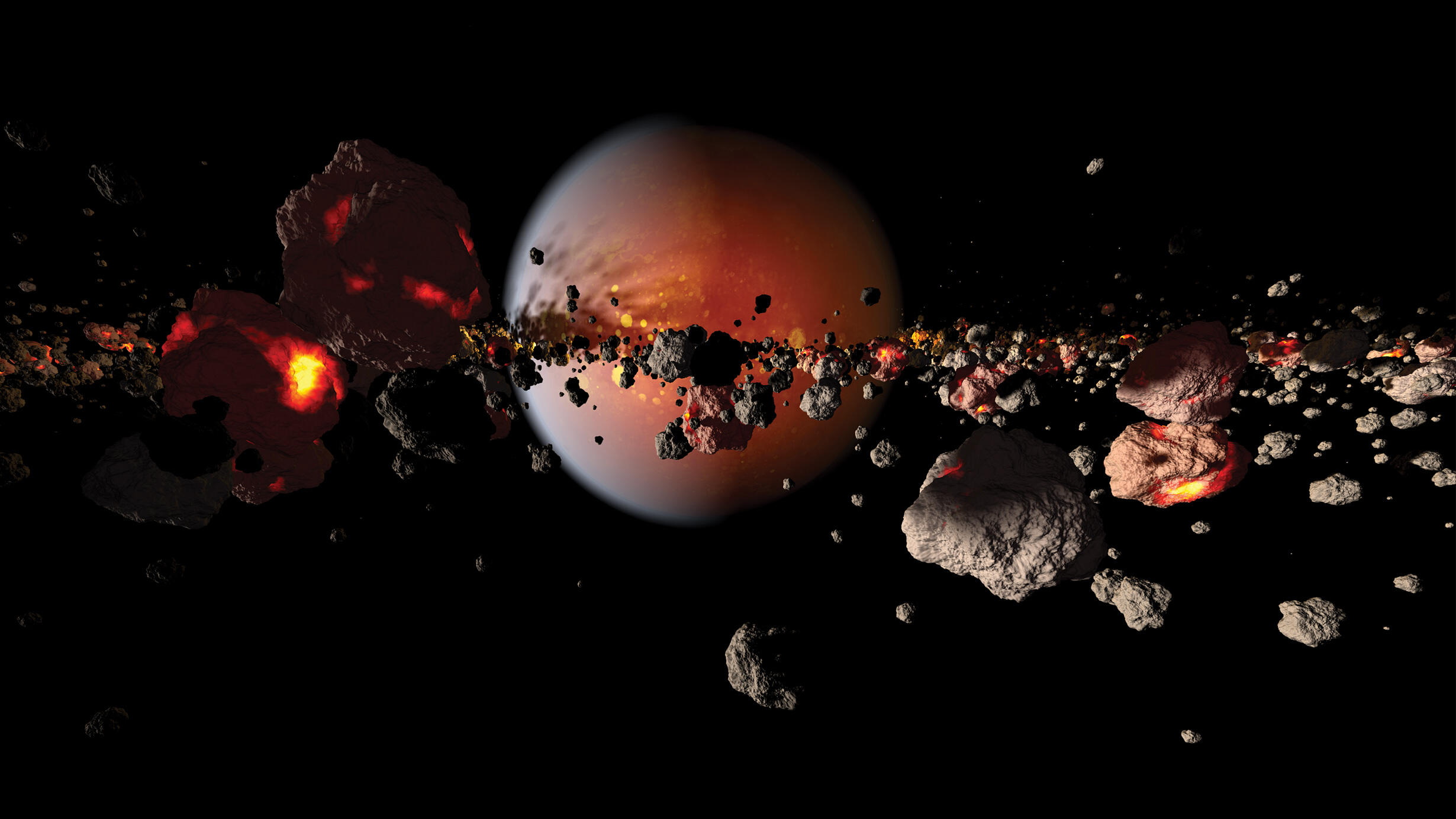 A planet is surrounded by colliding debris in space