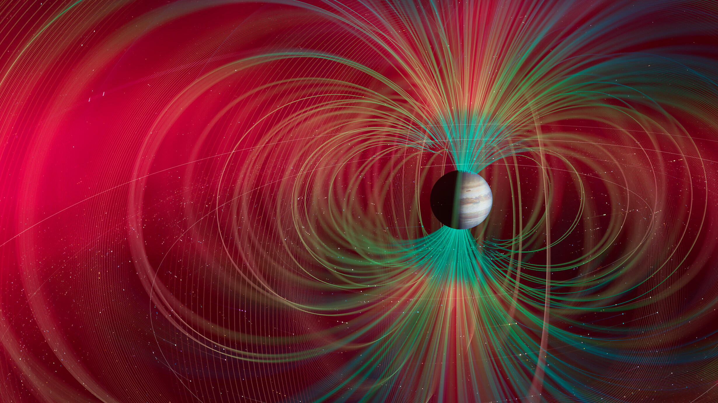 Visualization of Jupiter surrounded by magnetic fields