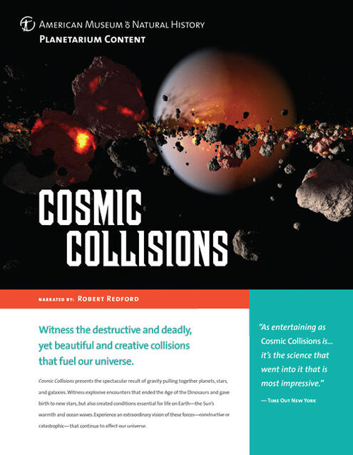 The brochure cover for the planetarium show ‘Cosmic Collisions’ features a dramatic scene of colliding meteors in front of the planet Mars.