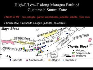 A slide titled "High-P/Low-T along Motagua Fault of Guatemala Suture Zone" with a map of geologic features.