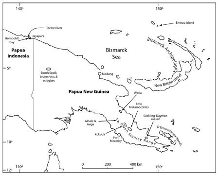 Simple map outlining Papua New Guinea, the Bismarck Sea, and the islands of New Britain and New Ireland.