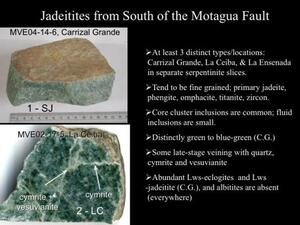 A slide titled "Jadeitites from South of the Motagua Fault" with text and two photos of specimens with blue-green crystals, one with white veining.