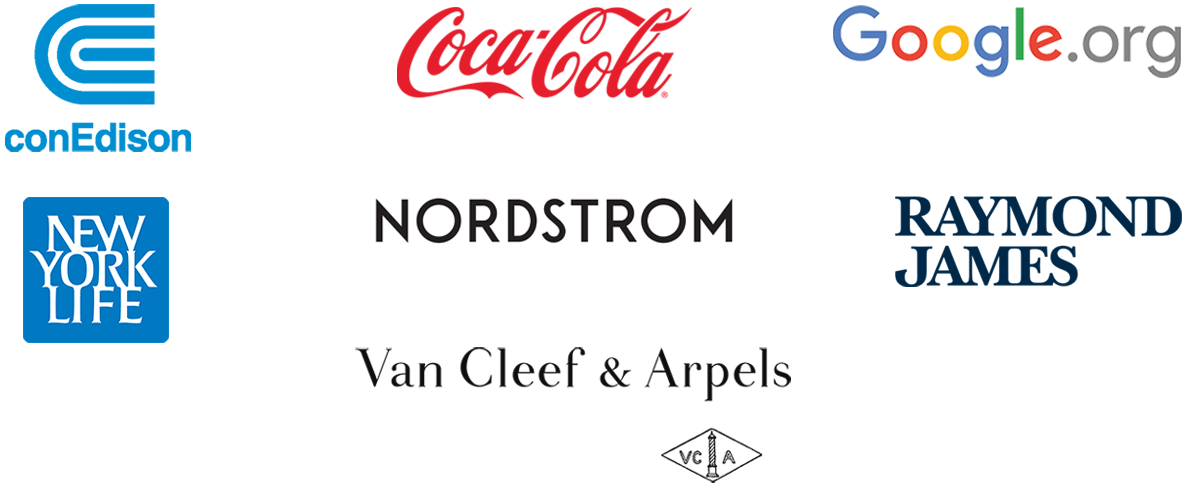 Logos for Con Edison, Coca Cola, Google.org, New York Life, Nordstrom, Raymond James and Van Cleef & Arpels.
