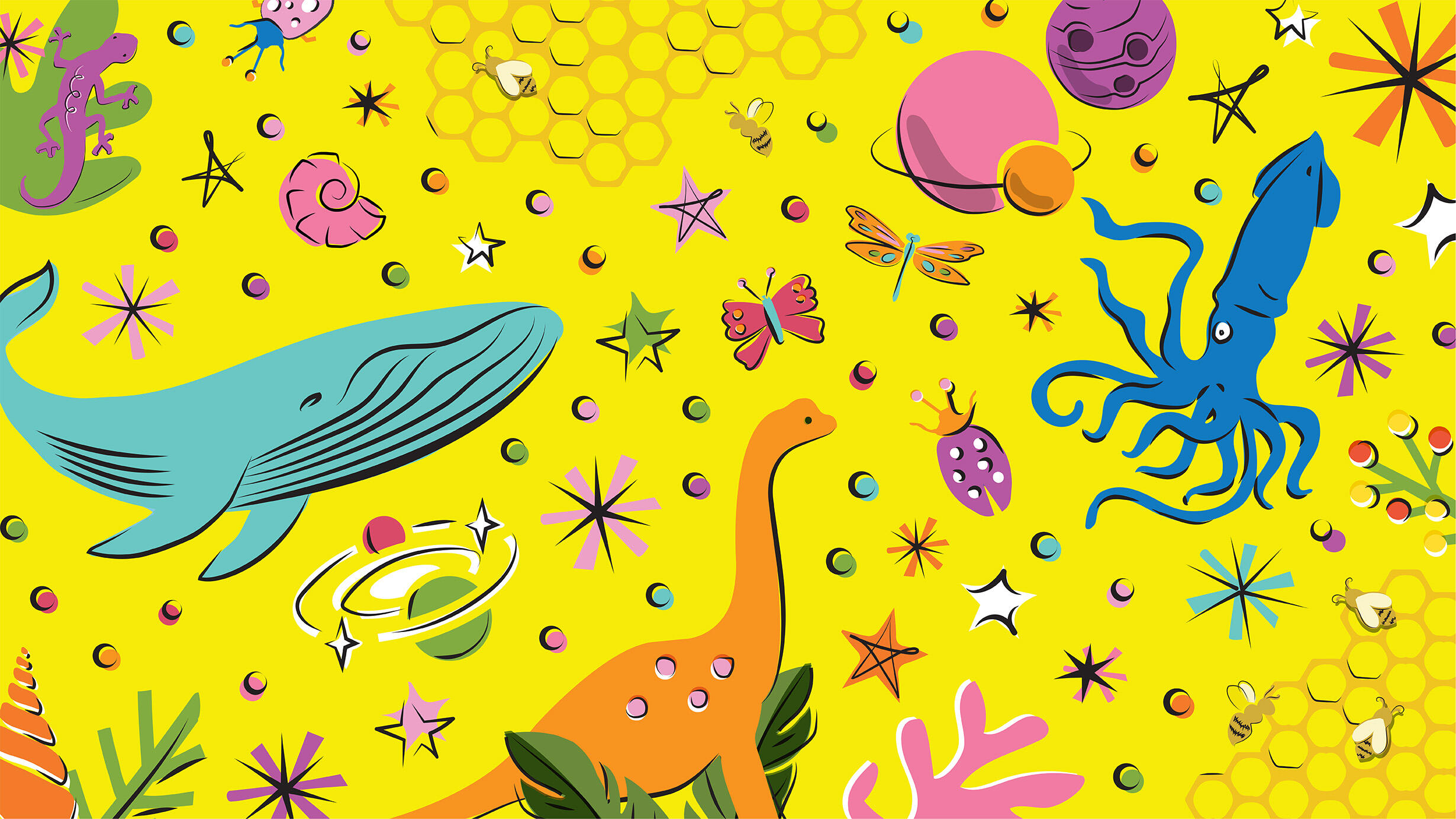 illustrations of a blue whale, barosaurus, squid, planets, shells, stars, insects and honeycomb against a yellow background.