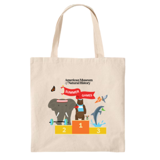 Member summer games promo bag with illustration of elephant with barbell brown bear dolphin and bird holding a flag on a podium