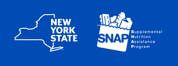Two logos, left: graphic outline of New York State, right: bag of groceries and text that say SNAP: Supplemental Nutrition Assistance Program.