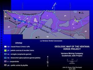 A slide titled "Geologic Map of the Ventana Verde Project: Ventana Mining Company, Guatemala Jade Project" showing the locations of various minerals and geologic features.