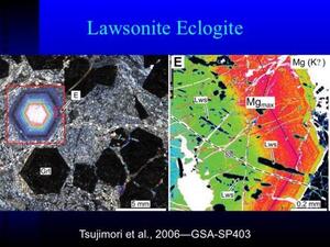 A slide titled "Lawsonite Eclogite" with two images of mottled colors.