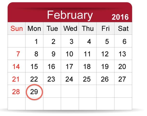 A calendar for the month of February 2016 with Monday, February 29th circled in a bright color.