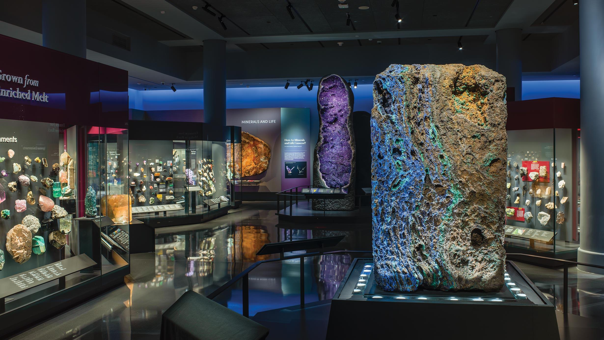 specimens on display in the hall of gems and minerals