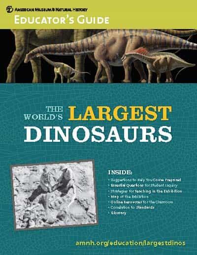 Cover of an Educator's Guide titled "The World's Largest Dinosaurs" with text below illustration of four dinosaurs.