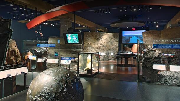 Interior of the Hall of Planet Earth at the Museum, with various models and displays.