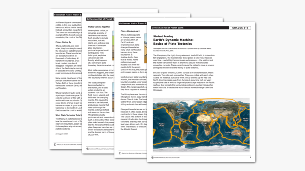 Four pages of a student reading titled "Earth's Dynamic Machine: Basics of Plate Tectonics" with a map of Earth showing lines of tectonic plates.
