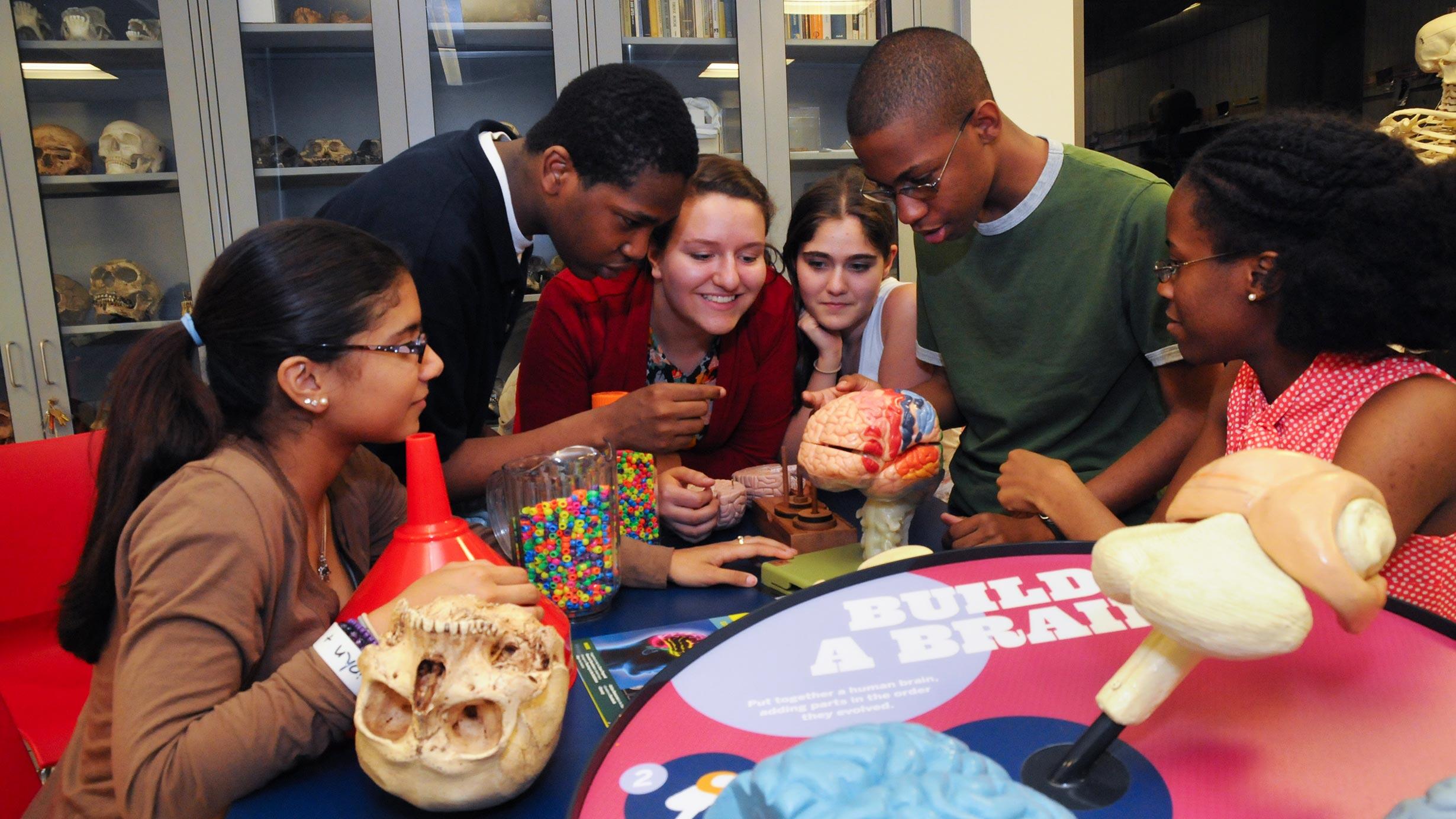 Six students gather around models in the lab.