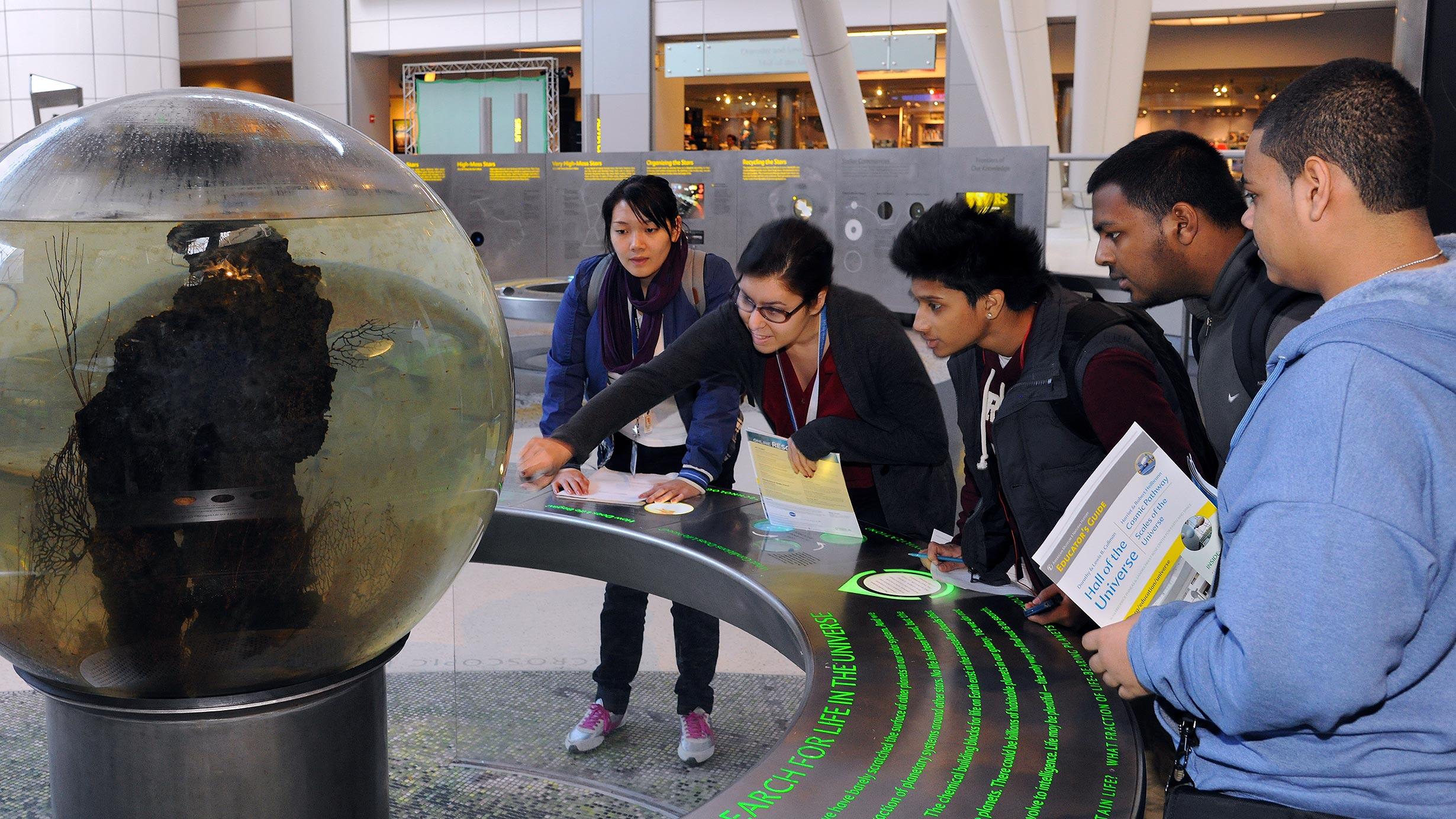 A teacher and four students view the Ecosystem Sphere in the Museum's Hall of the Universe.