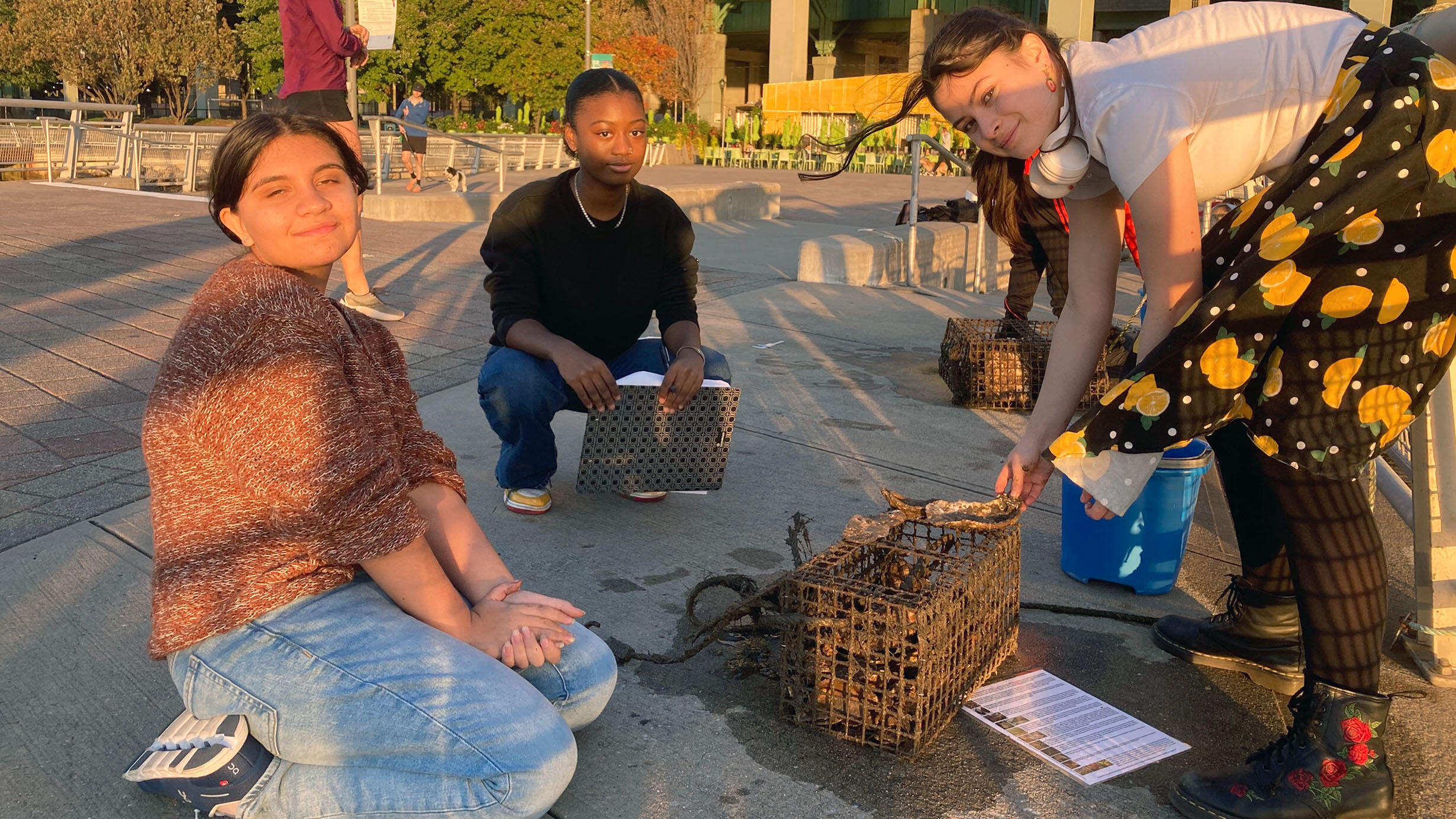 Three high school students collect specimens outdoors.