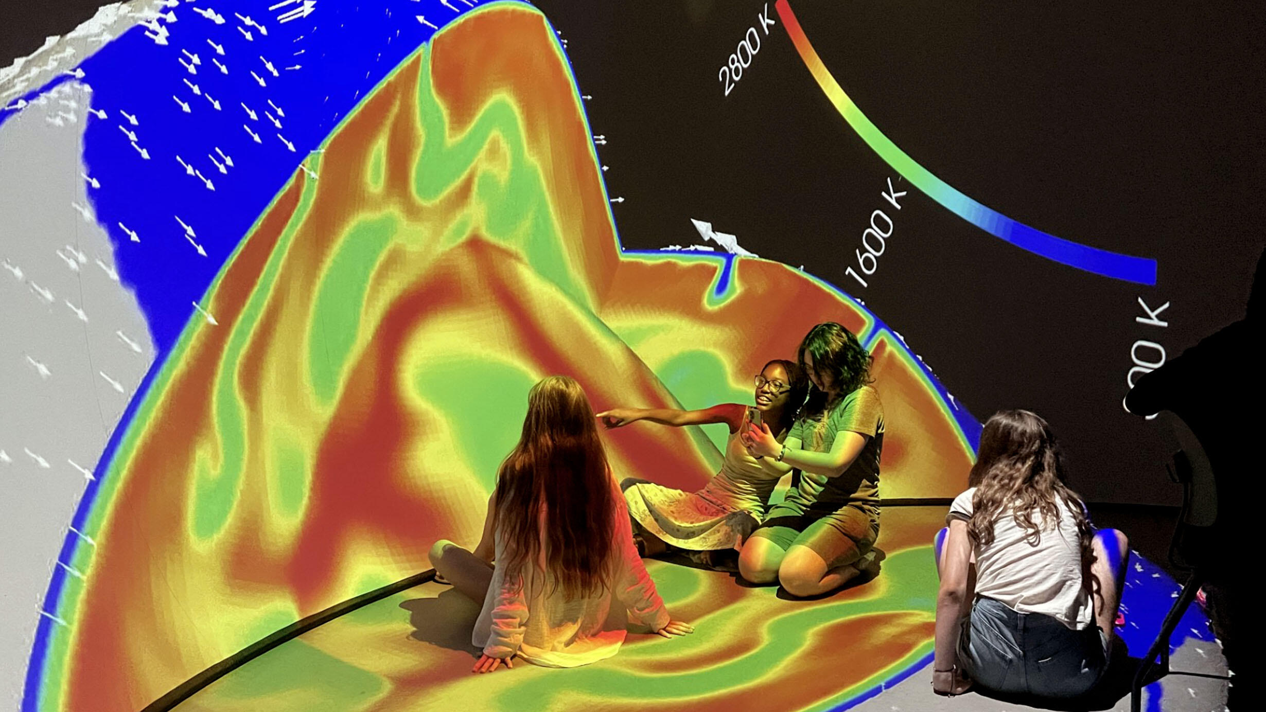 Four middle school students sit on the floor inside a lab, surrounded by images from a 360 degree projection of data on climate change.