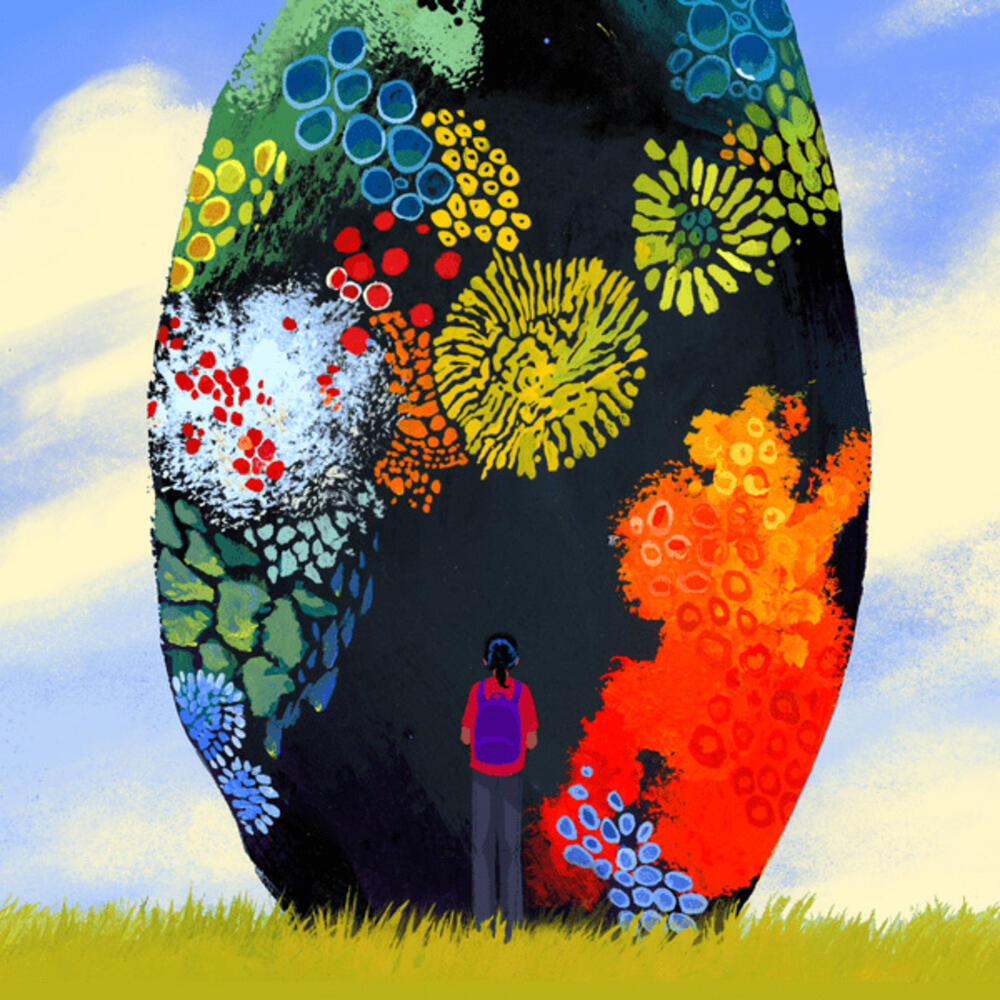 Illustration of a person with a backpack on standing in front of a large egg shaped structure covered in colorful lichen.
