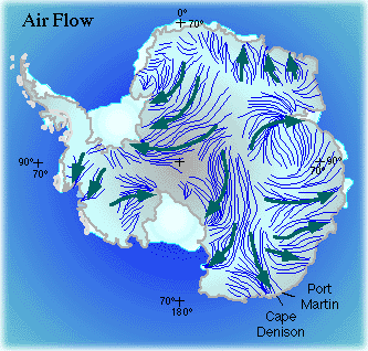 An illustration of the Antarctic land mass, marking the location of Cape Denison and Port Martin, and arrows and lines showing the many directions of air flow over the continent.