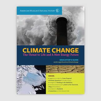 Cover of Educator's Guide titled "Climate Change" with photographs of smokestack, melting ice, and land affected by severe drought.