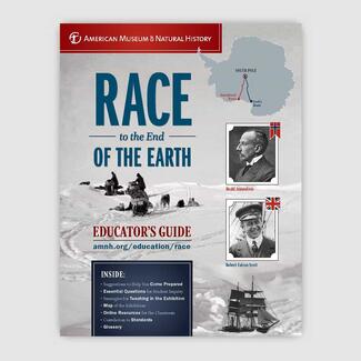 Cover of Educator's Guide titled "Race to the End of the Earth" featuring a South Pole map and photos of Roald Amundsen and Robert Falcon Scott.