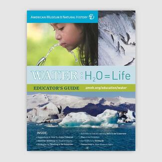 Cover of Educator's Guide titled "Water H20 = Life" with images of a child drinking from fountain, fish jumping up a waterfall, and melting ice cap.