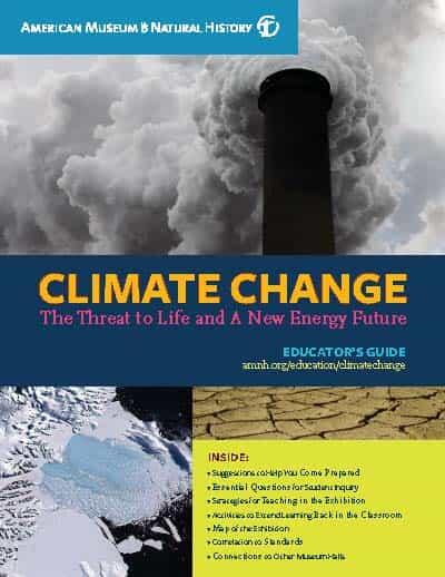 Cover of Educator's Guide titled "Climate Change" with photographs of smokestack, melting ice, and land affected by severe drought.