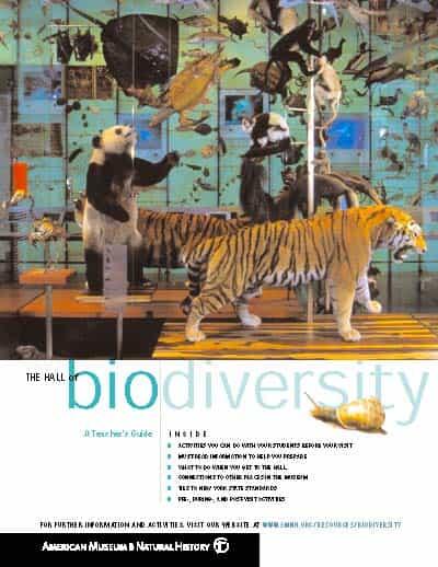 Cover of Teacher's Guide to The Hall of Biodiversity showing a tiger, panda, and wall of diverse life forms of the land and sea
