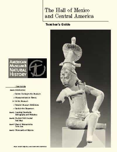 Cover of Teacher's Guide to The Hall of Mexico and Central America featuring a sculpture of a Maya seated dignitary with an elaborate headdress.