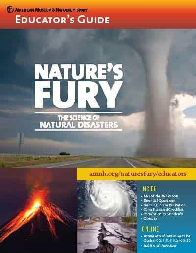 Cover of Educator's Guide titled "Nature's Fury: The Science of Natural Disasters" with images of a tornado, volcano, storm cloud, and cracked street.