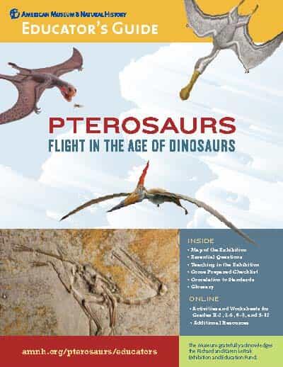 Cover of Educator's Guide titled "Pterosaurs: Flight in the Age of Dinosaurs" with three images of pterosaurs and one image of a pterosaur fossil.