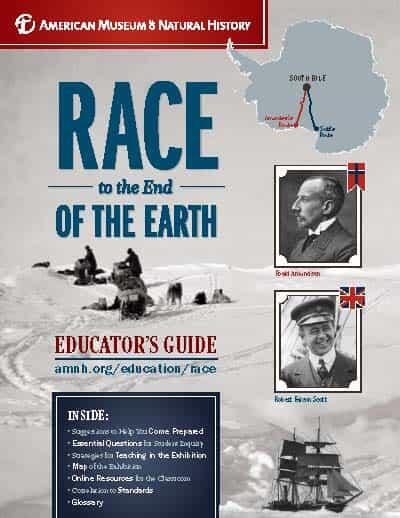 Cover of Educator's Guide titled "Race to the End of the Earth" featuring a South Pole map and photos of Roald Amundsen and Robert Falcon Scott.