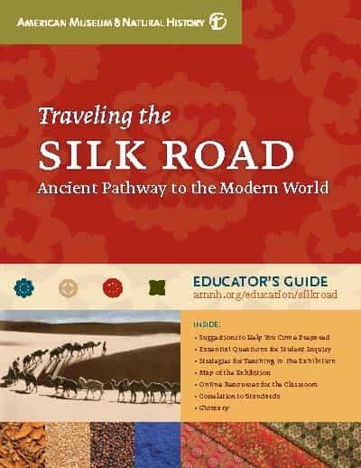 Cover of Educator's Guide titled "Traveling the Silk Road: Ancient Pathways to the Modern World" featuring an image of a line of camels in the desert.