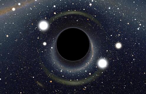 A computer-generated simulation of a black hole with two prominent light sources in the foreground, and hundreds of stars in the background